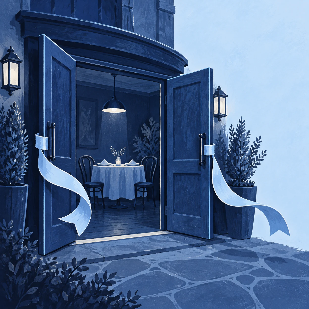 A blue-toned illustration of open double doors at a restaurant entrance, with pale ribbon ends curling outward and a round set table with two chairs visible…