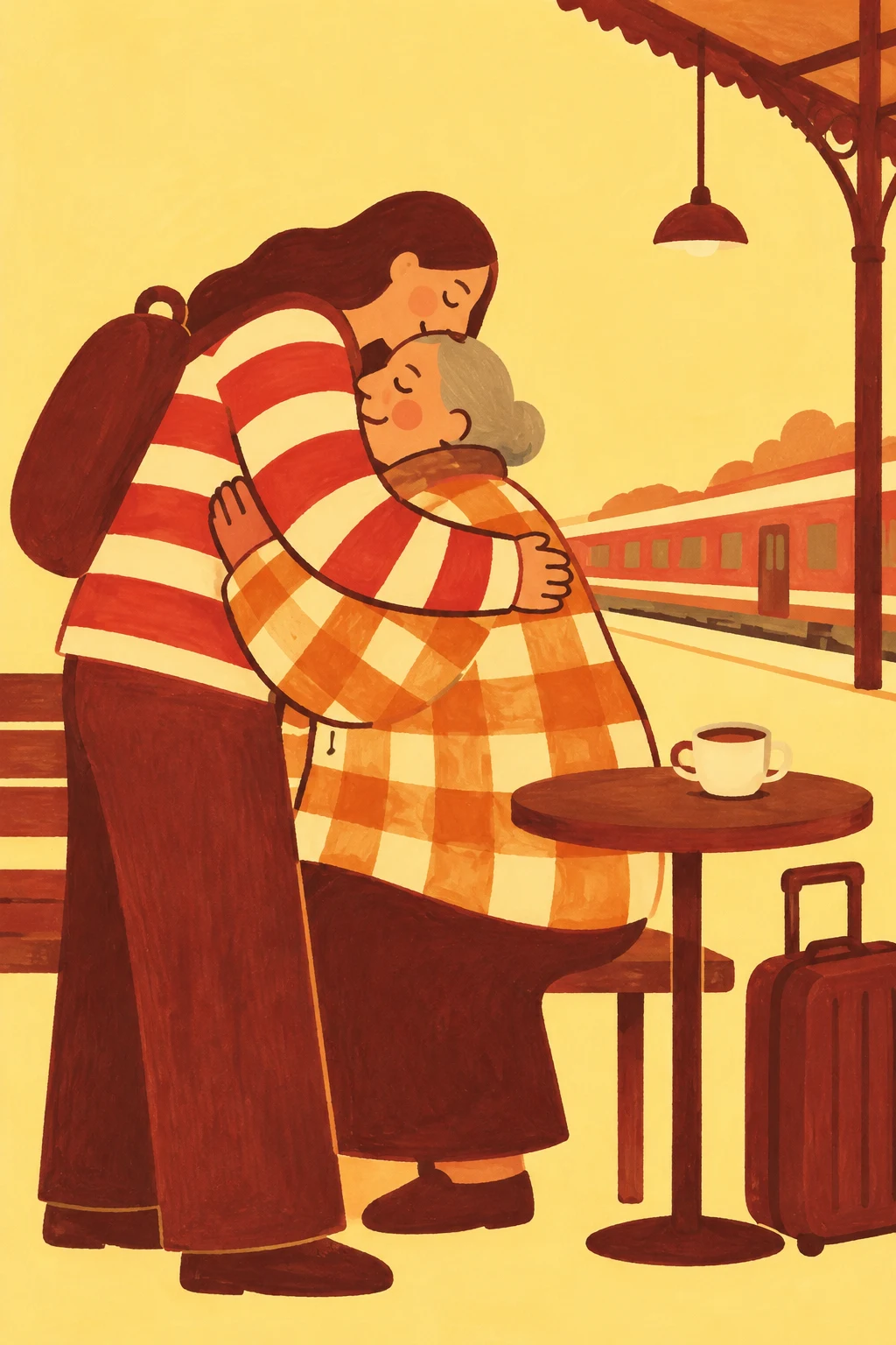 A long-haired traveler bends to embrace a gray-haired older relative beside a station bench; both wear bold red-and-cream stripes or orange checks, with a café…