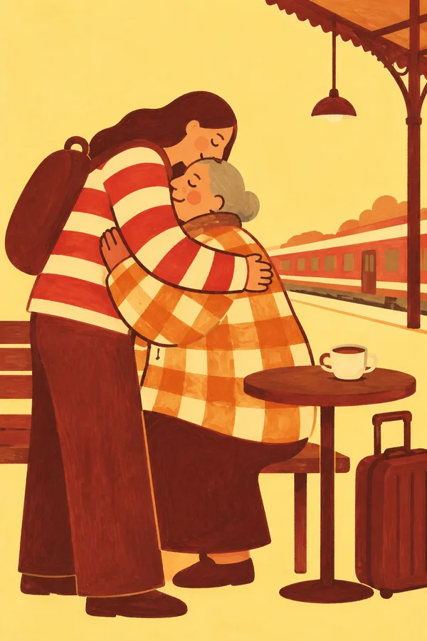 A long-haired traveler bends to embrace a gray-haired older relative beside a station bench; both wear bold red-and-cream stripes or orange checks, with a café…
