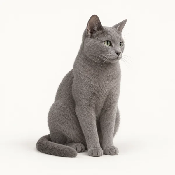 A grey short-haired cat sits in a three-quarter view facing right, with both front paws and its curved tail visible against an off-white background.