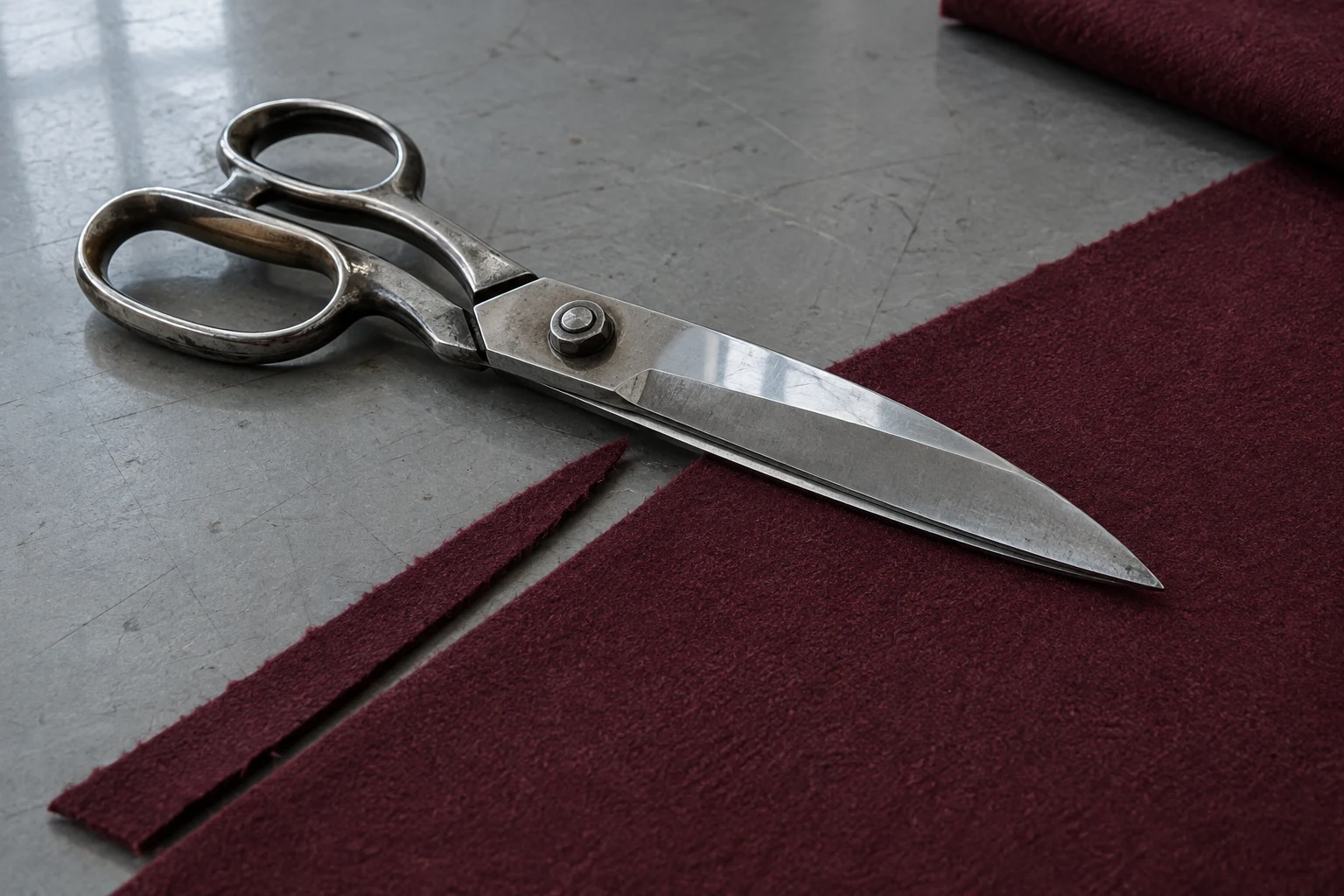 Large steel tailor’s shears lie diagonally across burgundy wool on a scratched grey worktable, beside a narrow strip of cut fabric.