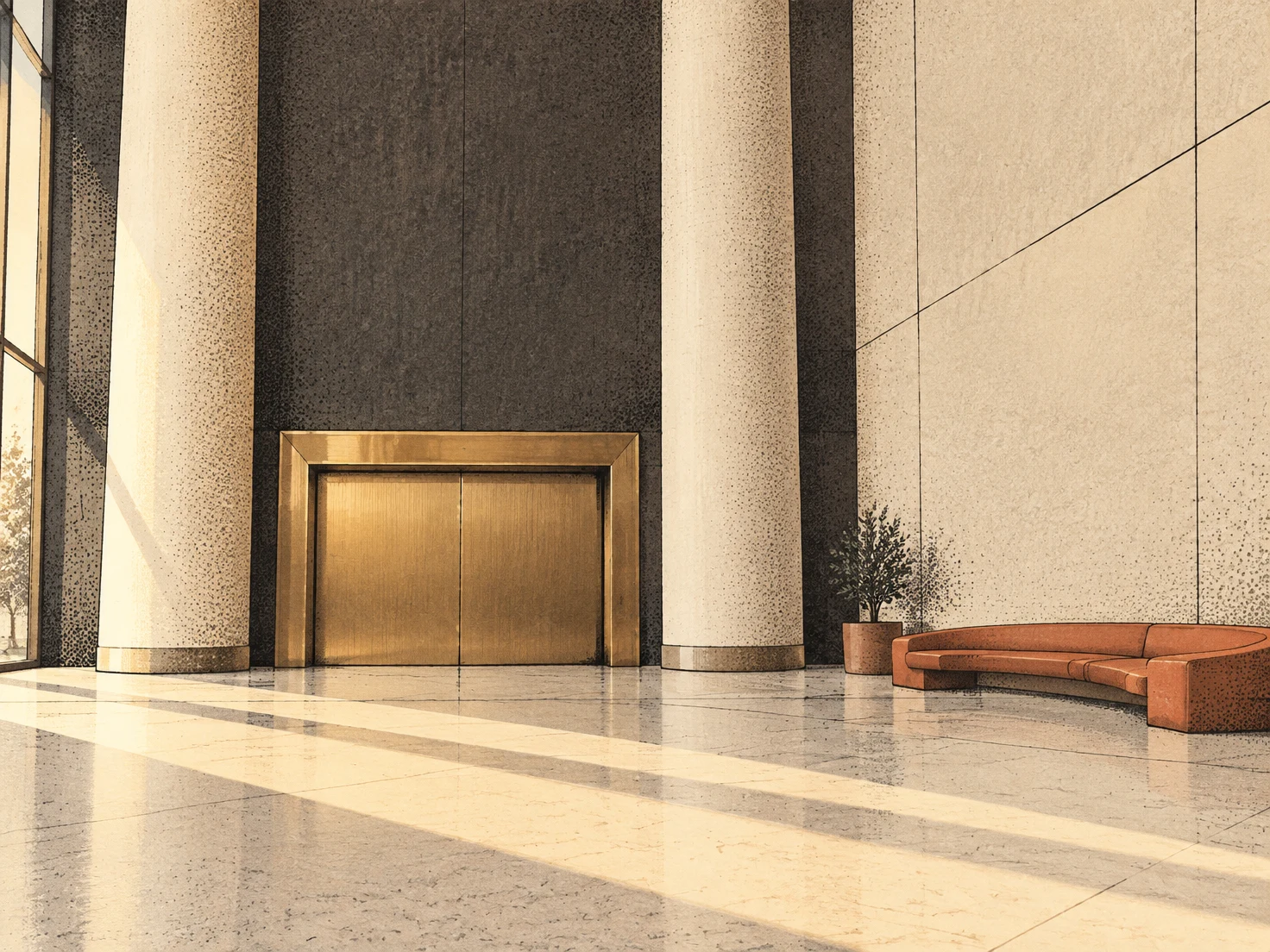 A tall lobby with two ivory columns framing closed brass elevator doors, a curved terracotta bench and a potted plant along the right wall.
