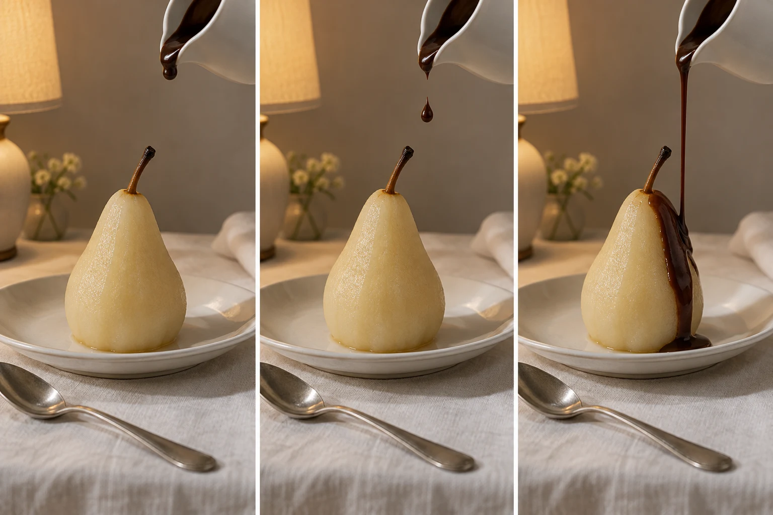 A three-panel sequence shows chocolate being poured from a white sauce jug onto a poached pear on a porcelain plate, with a dessert spoon on ivory linen; a…