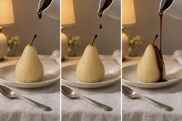 A three-panel sequence shows chocolate being poured from a white sauce jug onto a poached pear on a porcelain plate, with a dessert spoon on ivory linen; a…