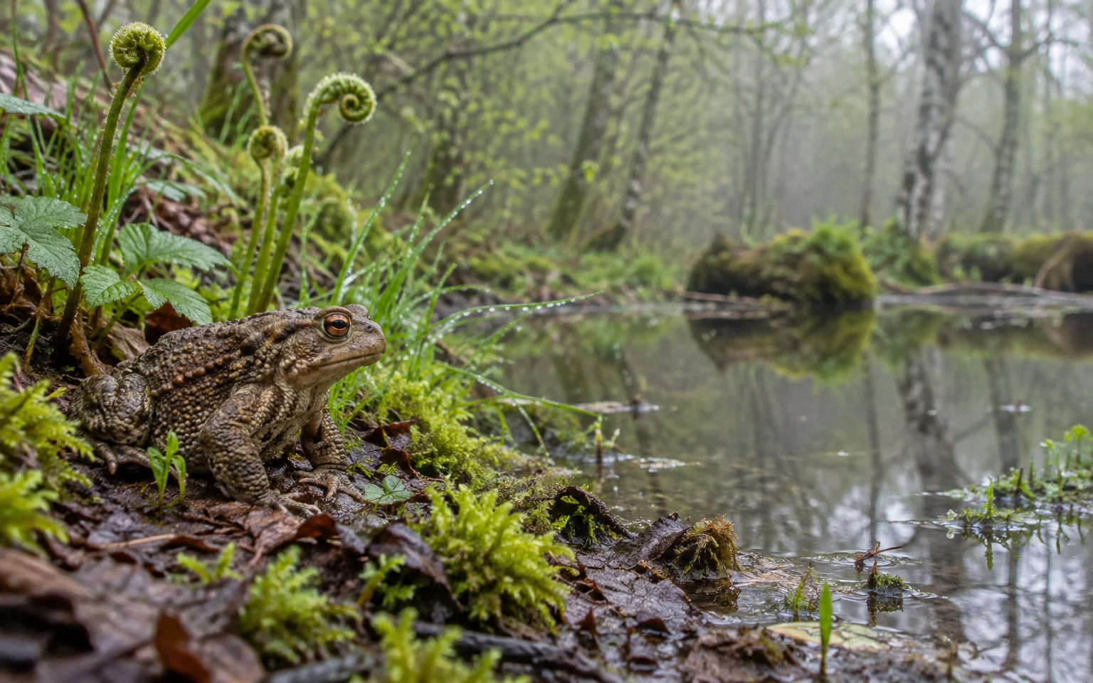 A warty olive-brown toad with a copper-colored eye sits on wet leaf litter beside a woodland pool, surrounded by moss, grasses and unfurling bracken; blurred…