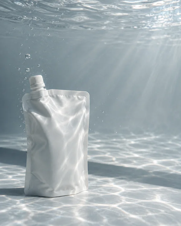 A blank pearl-white refill pouch with a capped spout stands on a pale underwater tank floor, lit by bright caustics with bubbles around it and open water above…