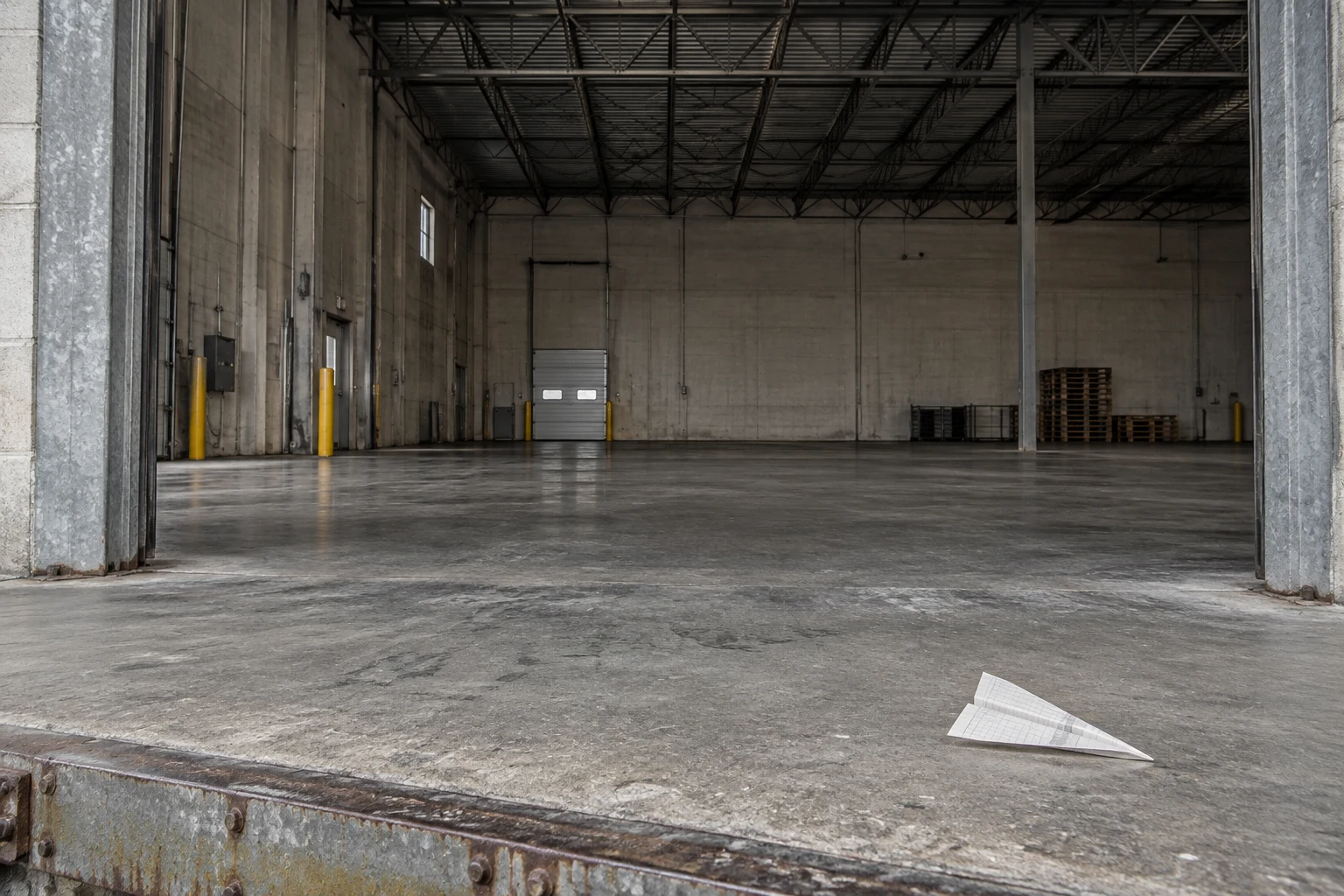 A small folded paper airplane made from a ruled, blank form rests on the worn concrete loading dock in front of a large open warehouse bay, with steel roof…