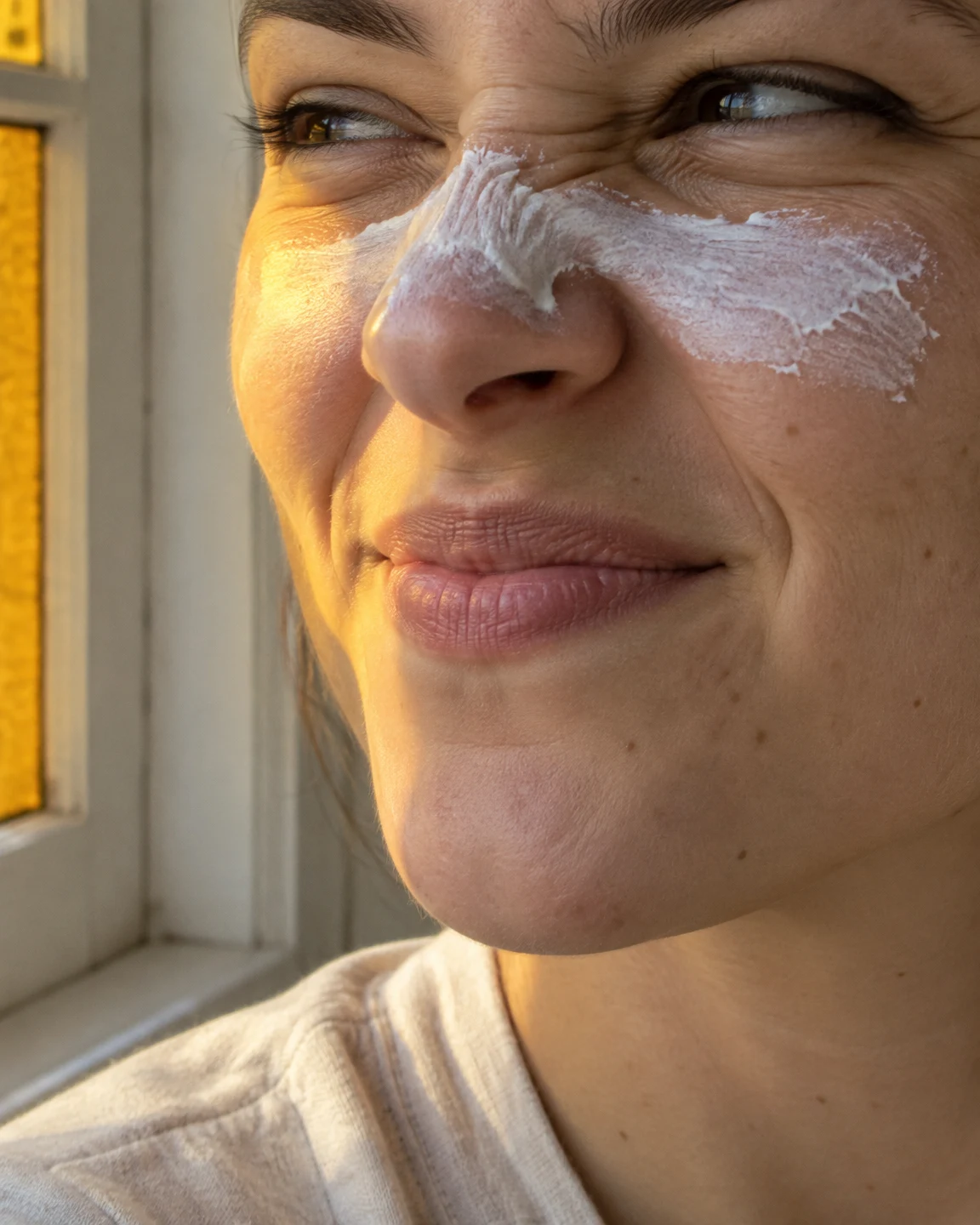 A close-up portrait of an adult with white sunscreen smeared across the nose and upper cheeks, squinting beside a window with amber panes that cast warm light…