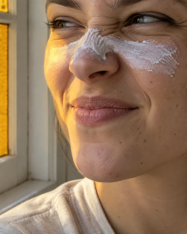A close-up portrait of an adult with white sunscreen smeared across the nose and upper cheeks, squinting beside a window with amber panes that cast warm light…