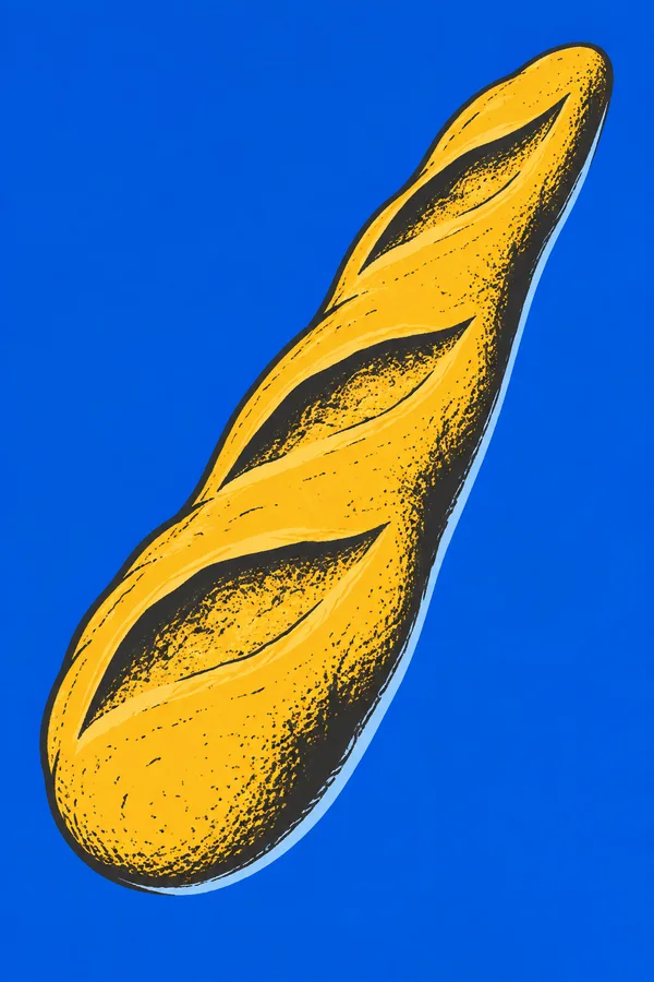A golden-yellow loaf with a bulbous lower-left end and a long section curving toward the upper right, illustrated against a cobalt-blue background with three…