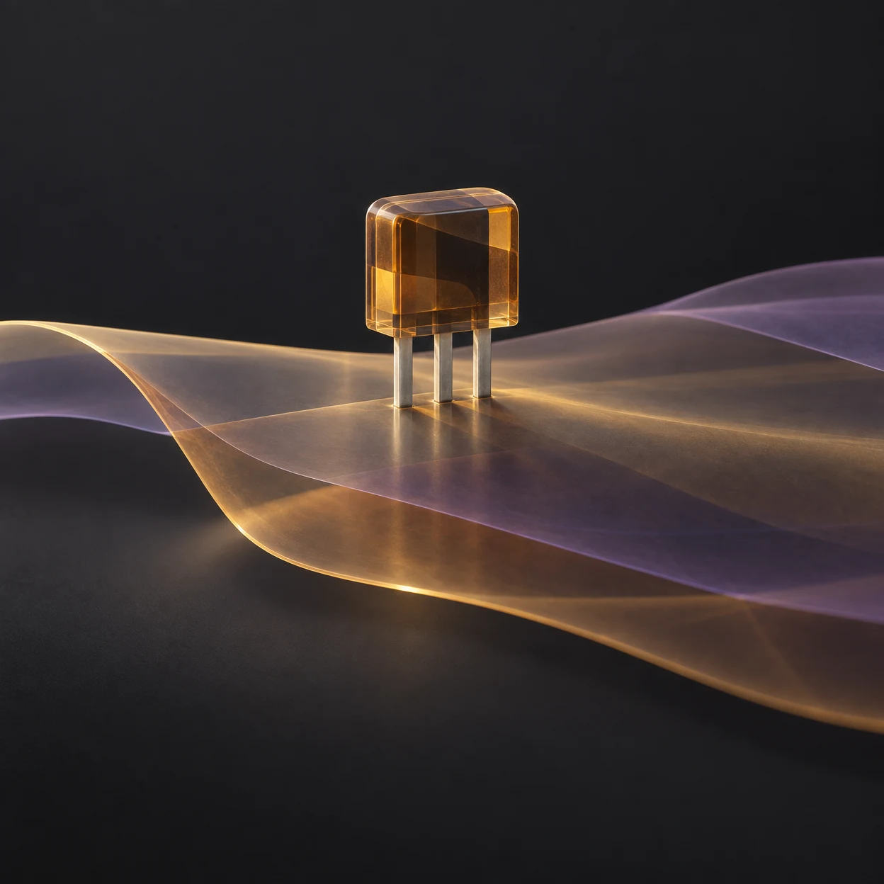 A translucent amber three-lead transistor stands on overlapping curved amber and lilac sheets against a charcoal background.