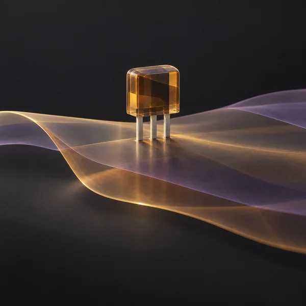 A translucent amber three-lead transistor stands on overlapping curved amber and lilac sheets against a charcoal background.