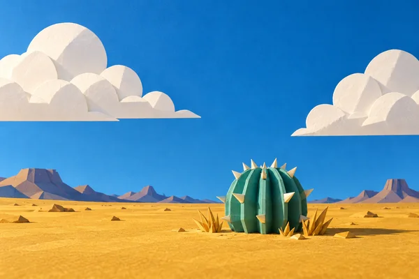 A turquoise folded-paper barrel cactus with cream triangular spines stands on a golden desert plain, surrounded by angular paper grass.