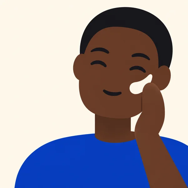 A stylized close-up illustration of a dark-skinned person with short black hair, wearing a cobalt-blue top and touching a pale cream mark on their cheek.