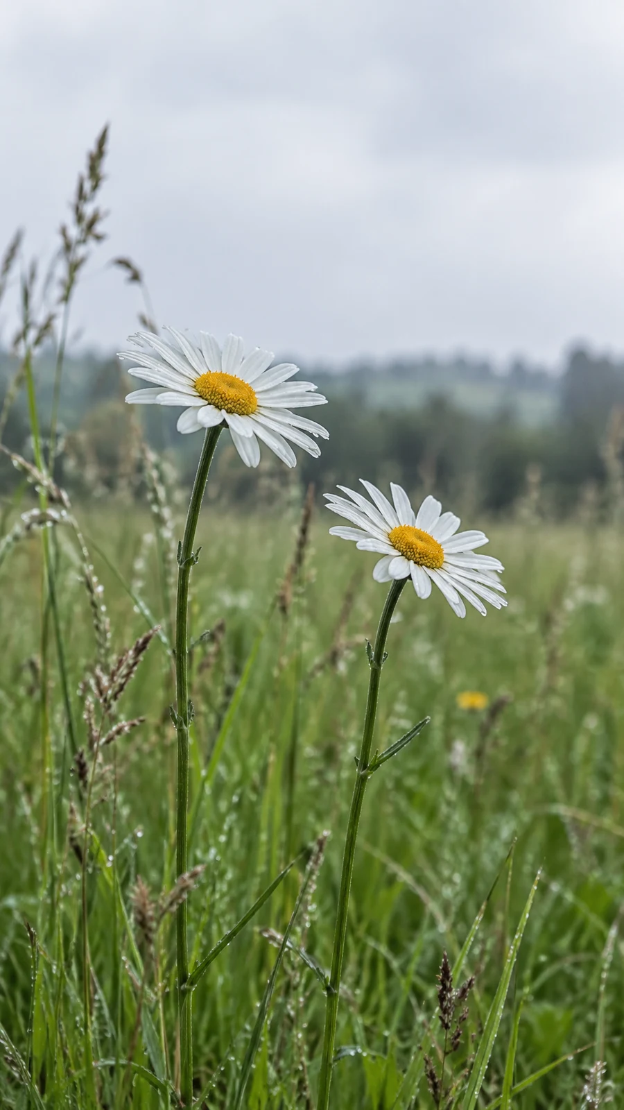 Two white daisies with yellow centres rise at different heights on slender stems in a green meadow, with dew on petals and grasses and a softly blurred grey…