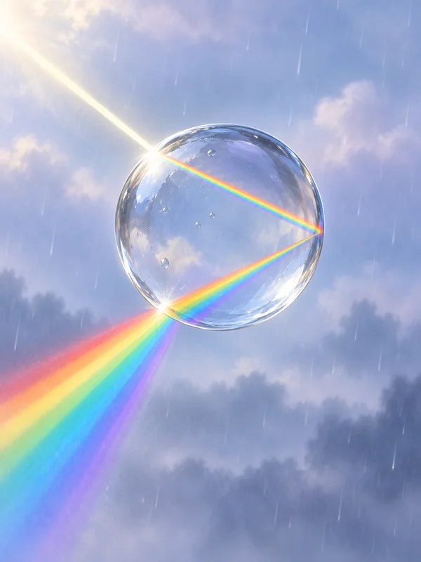 A large transparent spherical droplet hangs against a cloudy blue-lilac rainy sky.