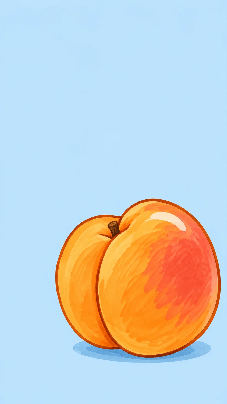 A large, squat golden-orange apricot with a broad coral blush, curved central crease, short brown stem, and cream highlight sits on a muted-blue shadow against…