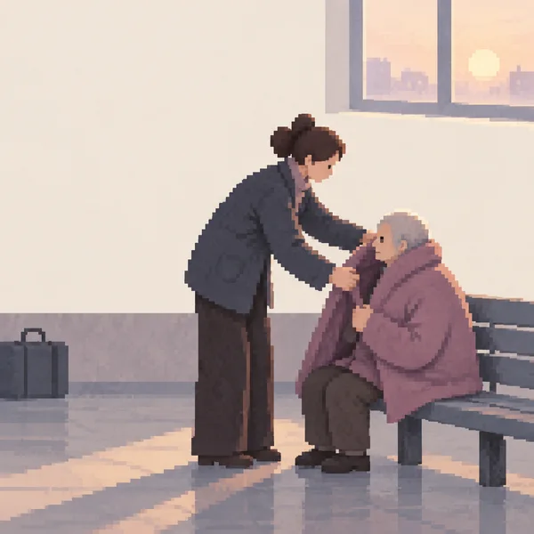 A standing support worker bends to adjust a large mauve coat around an older seated person on a slate bench in a softly lit waiting hall; a high window shows a…