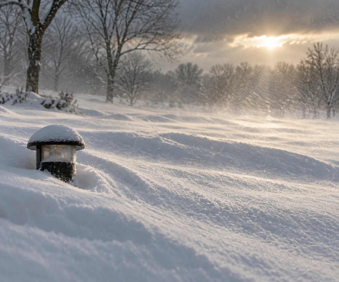 A snow-buried path light rises just above a deep wind-sculpted drift in an empty park, with bare trees fading into snowy haze and low sunlight illuminating…