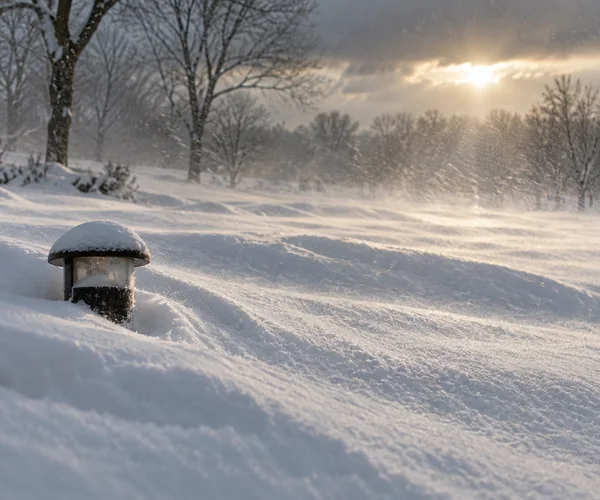 A snow-buried path light rises just above a deep wind-sculpted drift in an empty park, with bare trees fading into snowy haze and low sunlight illuminating…