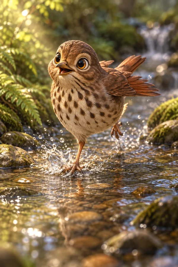 A large-eyed brown thrush runs through a shallow pebble-bottomed stream, one foot splashing as the other lifts behind it; warm sunlight falls across its…