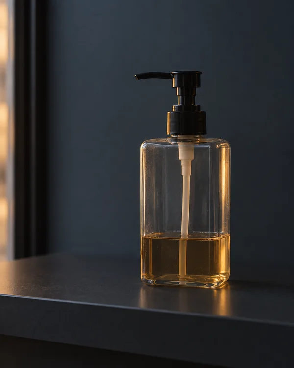 A clear rectangular pump bottle with a shallow layer of amber liquid stands on a dark shelf, its black nozzle pointing left against a blue-grey background.