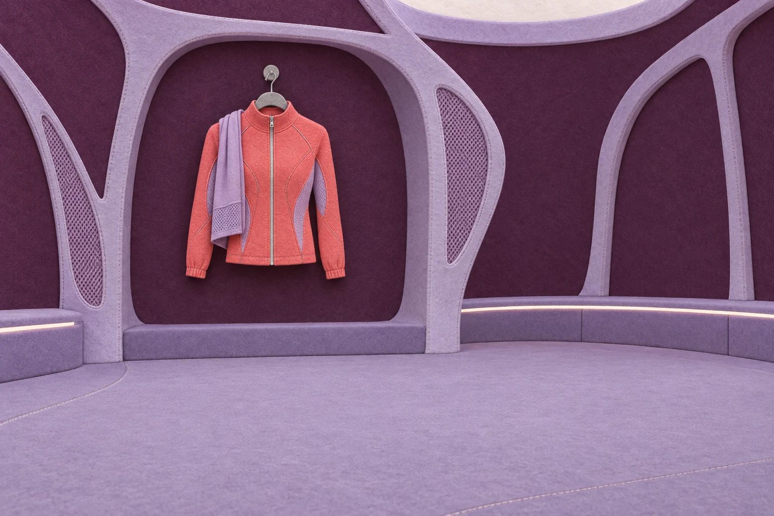 A coral zip-front athletic jacket with a lilac scarf hangs in a recessed display alcove framed by sweeping lavender ribs, above a broad open floor.
