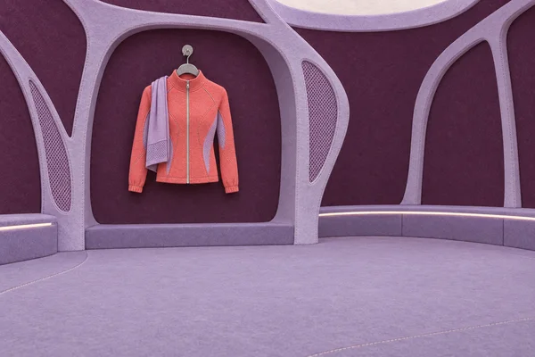 A coral zip-front athletic jacket with a lilac scarf hangs in a recessed display alcove framed by sweeping lavender ribs, above a broad open floor.