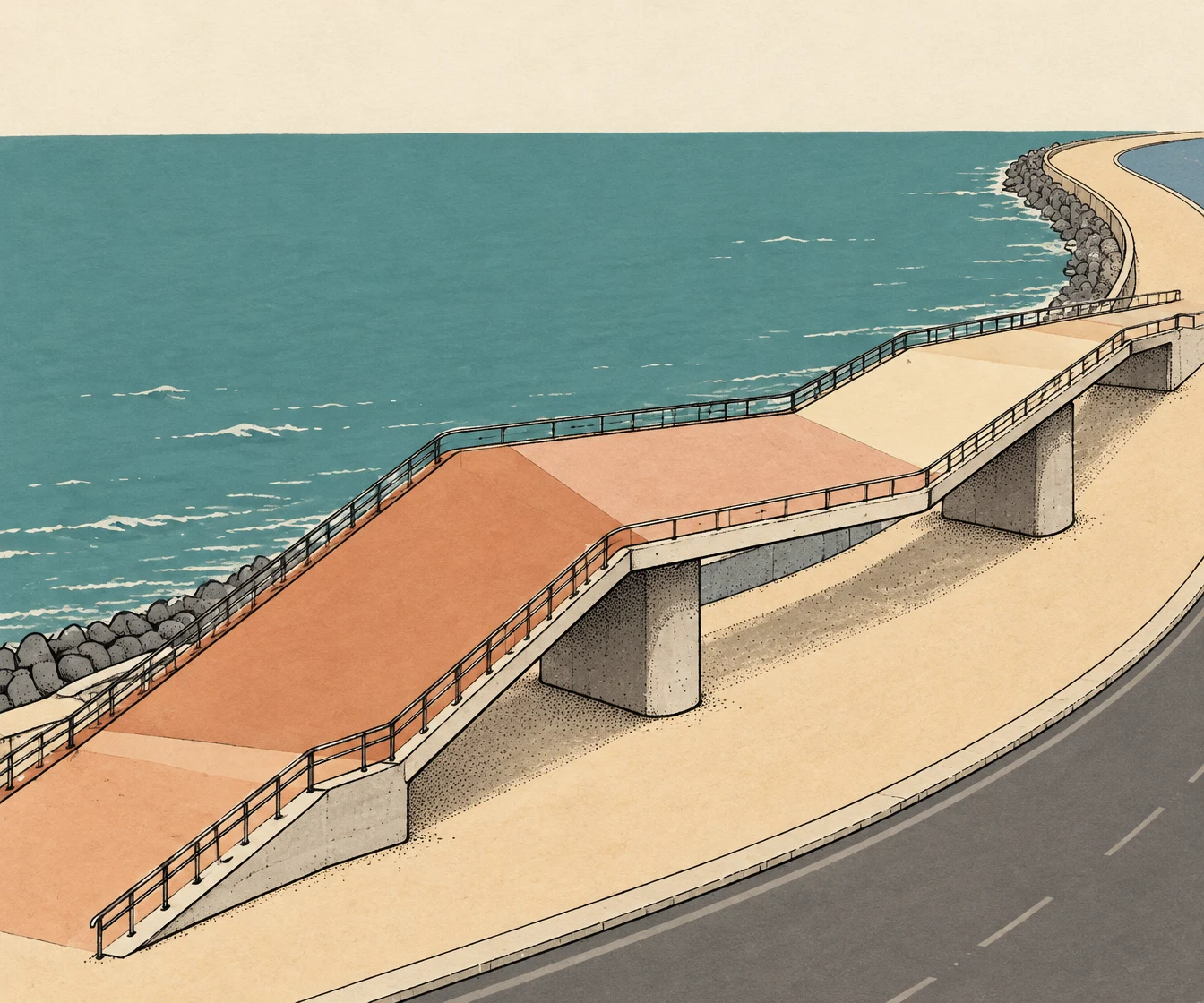 An elevated pedestrian bridge with a broad zigzag deck and metal railings runs beside a curving sandy promenade and teal water, supported by chunky concrete…