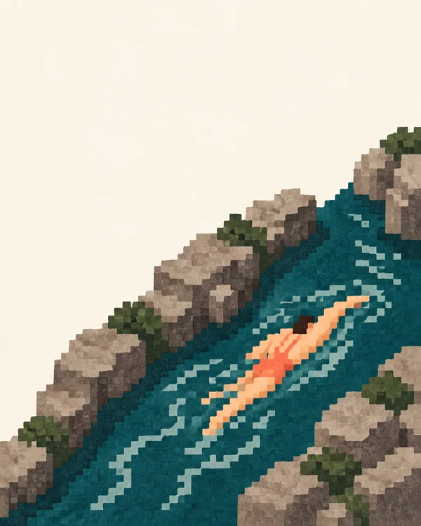 A pixelated editorial illustration of a lone swimmer moving diagonally through dark teal water between stepped grey-brown gorge banks, with pale zigzag ripples…