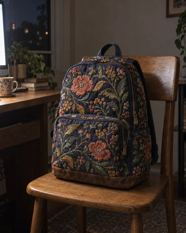 A richly embroidered indigo backpack with brass-colored zipper pulls and a worn leather base sits upright on a wooden chair beside a desk at night.