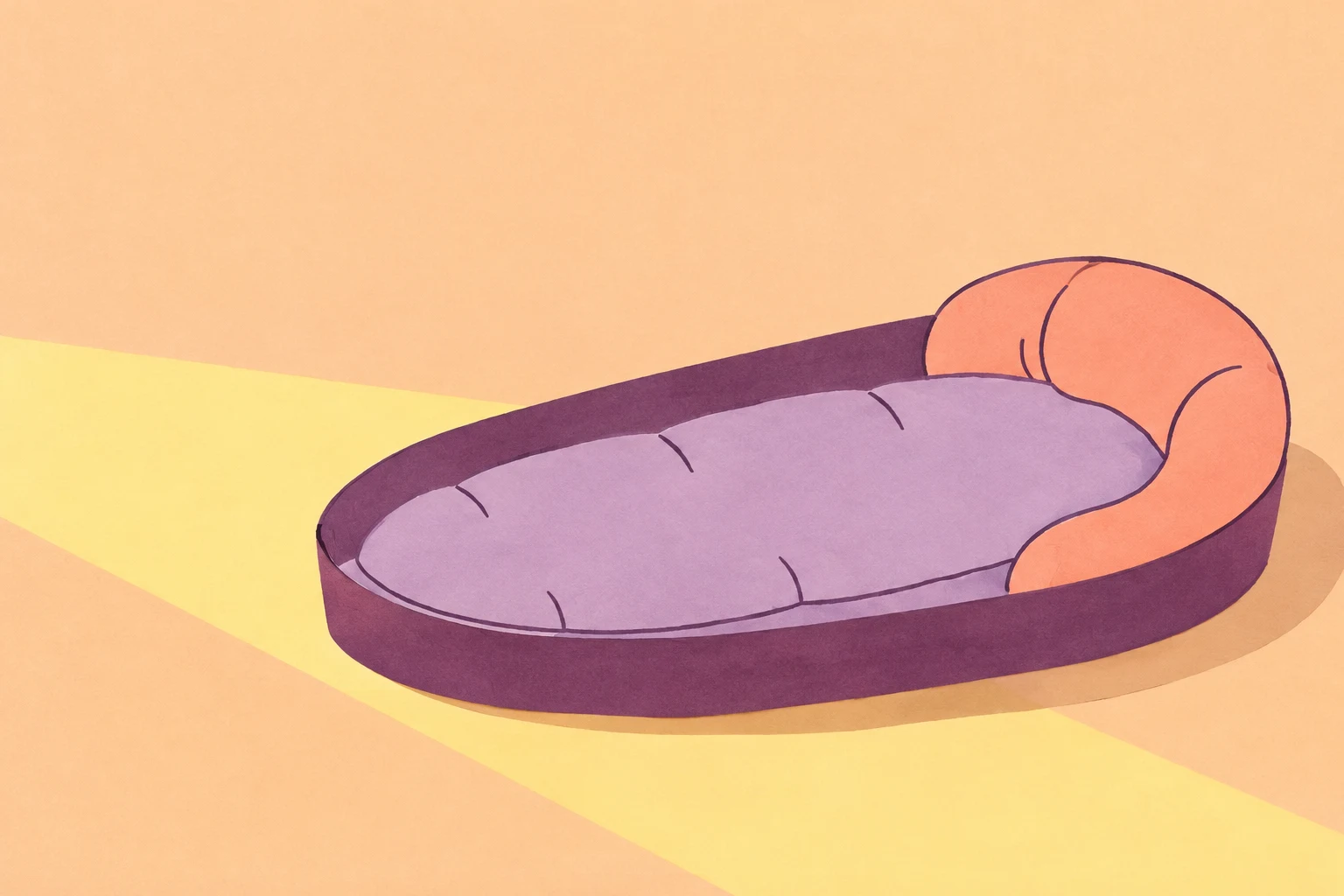 An elongated lavender oval pet bed with a dark plum rim and oversized peach bolster sits on a pale apricot floor, crossed by a broad yellow patch of sunlight…