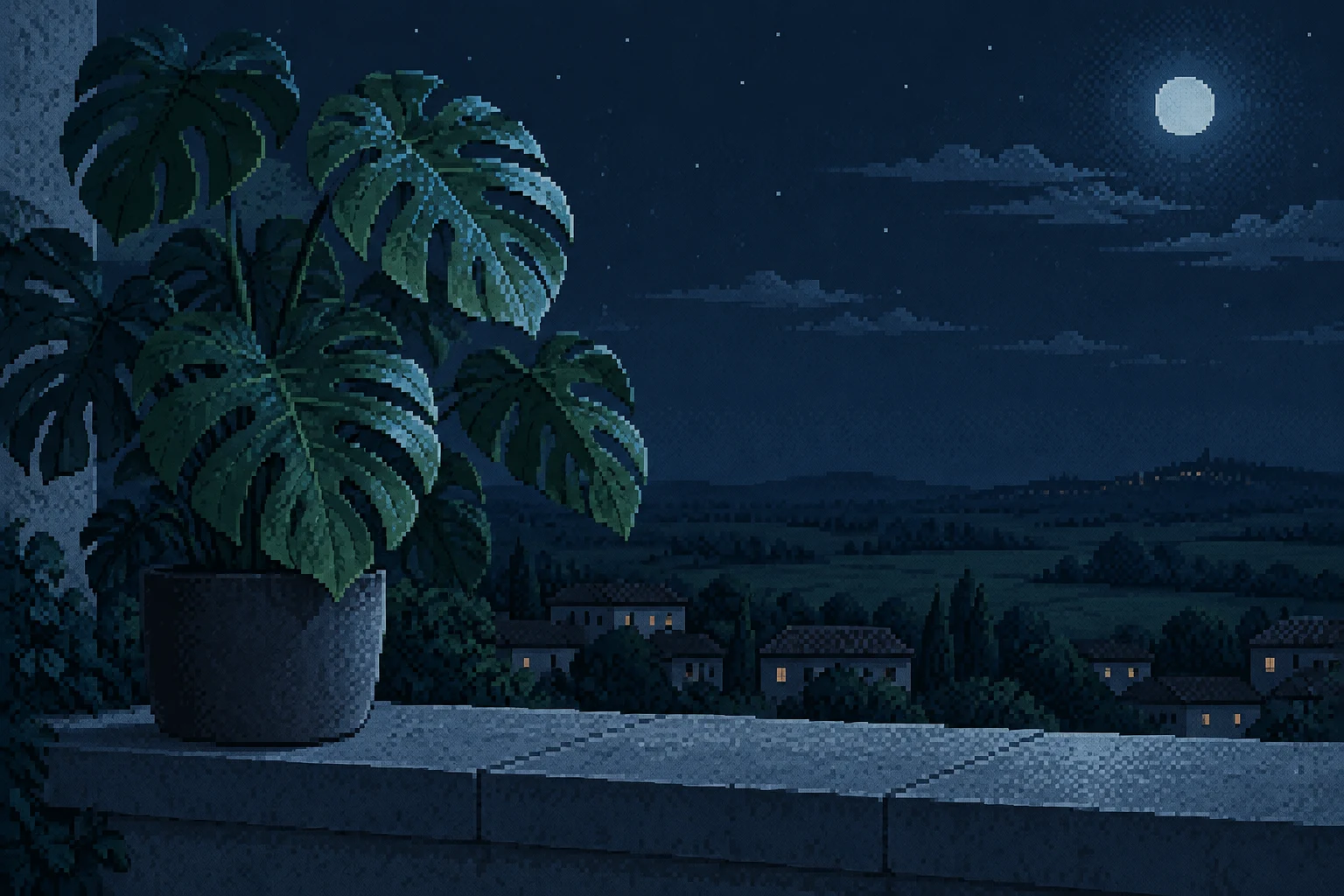 A large split-leaf monstera in a dark square ceramic pot sits on a stone terrace ledge, overlooking low rooftops and dark fields beneath a starry, moonlit sky.