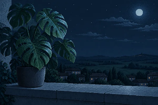 A large split-leaf monstera in a dark square ceramic pot sits on a stone terrace ledge, overlooking low rooftops and dark fields beneath a starry, moonlit sky.