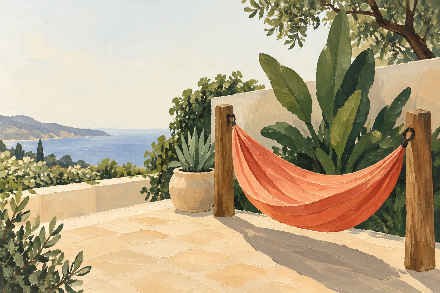 A deep coral hammock hangs between two chunky wooden posts on a warm stone terrace, with oversized green leaves, a cream wall, and a distant coastal view…