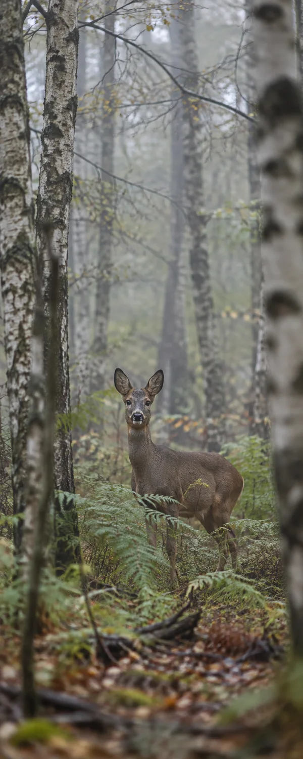 A roe deer stands facing the camera among birch trunks and ferns in a misty woodland, with blurred trunks framing the scene and fallen leaves on the forest…