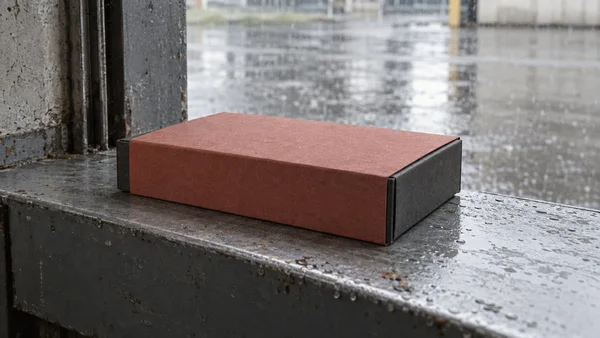 A plain clay-red paper sleeve wraps a shallow charcoal carton on a worn steel ledge in a loading doorway, with wet concrete blurred beyond and rain droplets on…