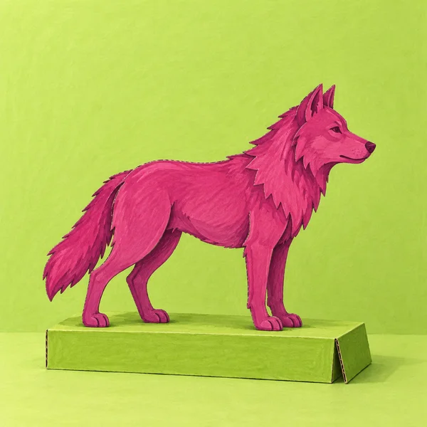 A fuchsia wolf in side profile stands on a lime-green folded cardboard ledge against a matching lime backdrop, with its bushy tail lowered and head facing…