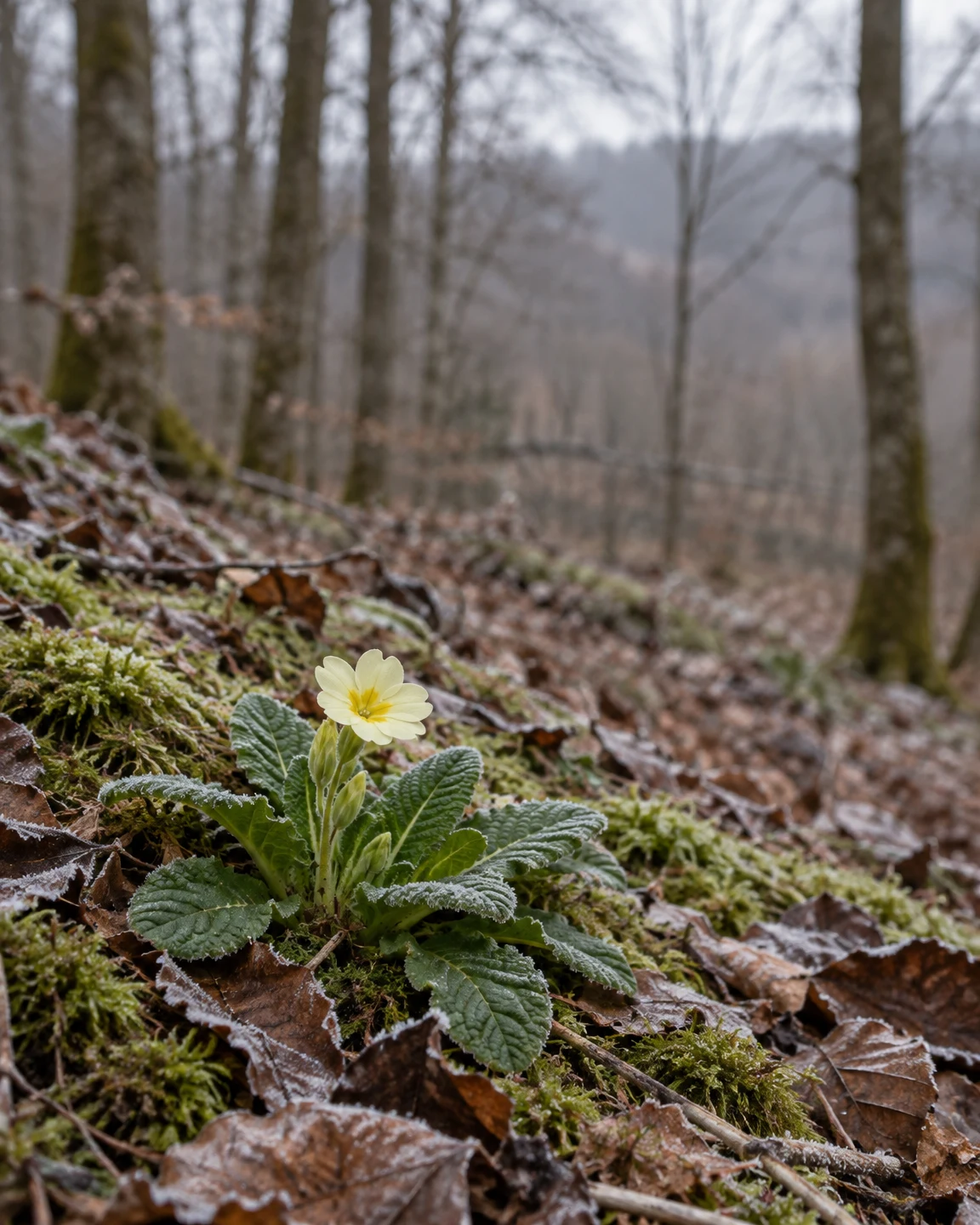 A pale yellow primrose rises from a rosette of crinkled green leaves on a mossy woodland bank, surrounded by frost-rimmed beech leaves; softly blurred bare…