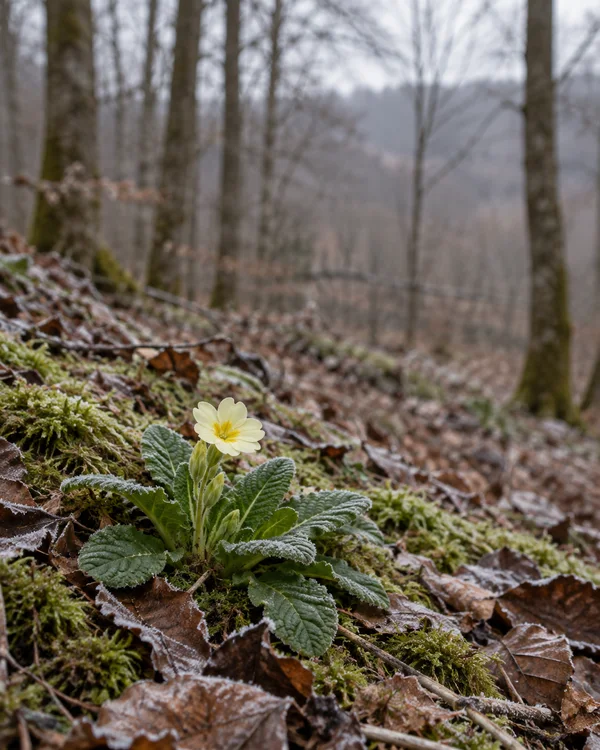 A pale yellow primrose rises from a rosette of crinkled green leaves on a mossy woodland bank, surrounded by frost-rimmed beech leaves; softly blurred bare…
