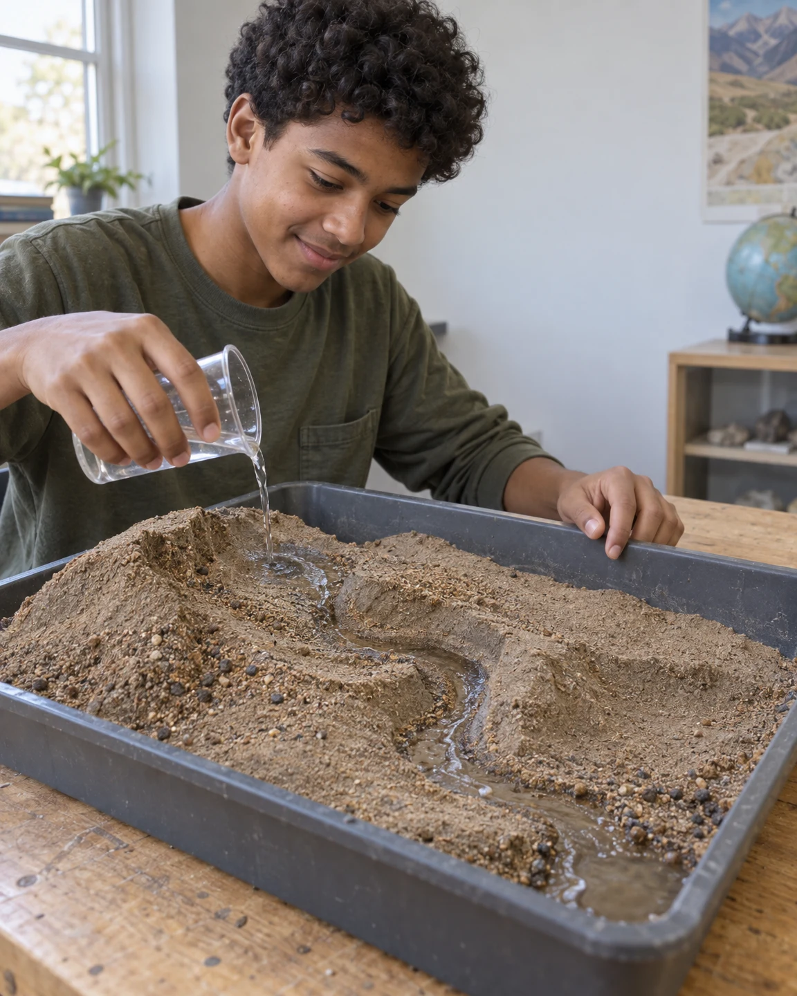 A student in an olive shirt pours water from a clear cup onto a raised sand-and-gravel landscape in a dark tray, forming a winding stream across a wooden…