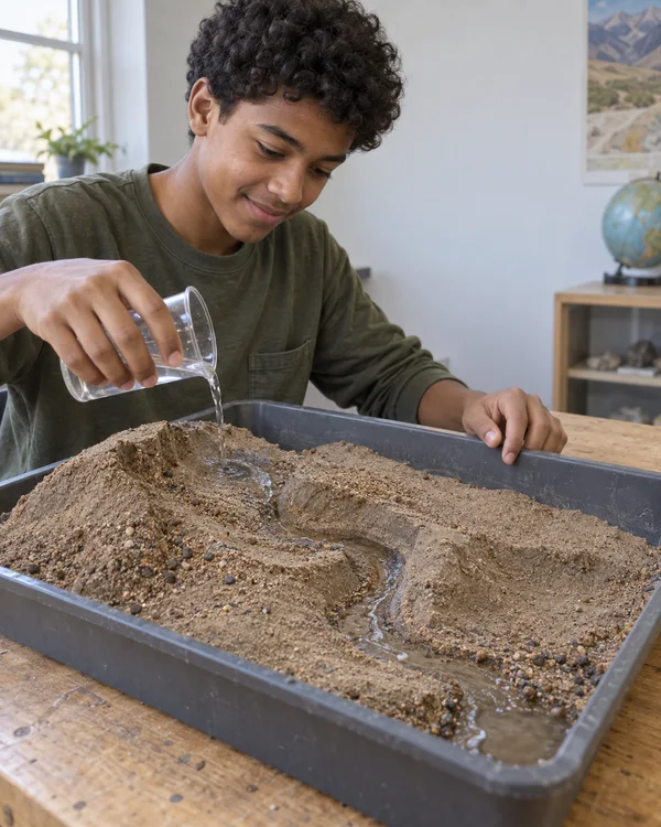 A student in an olive shirt pours water from a clear cup onto a raised sand-and-gravel landscape in a dark tray, forming a winding stream across a wooden…