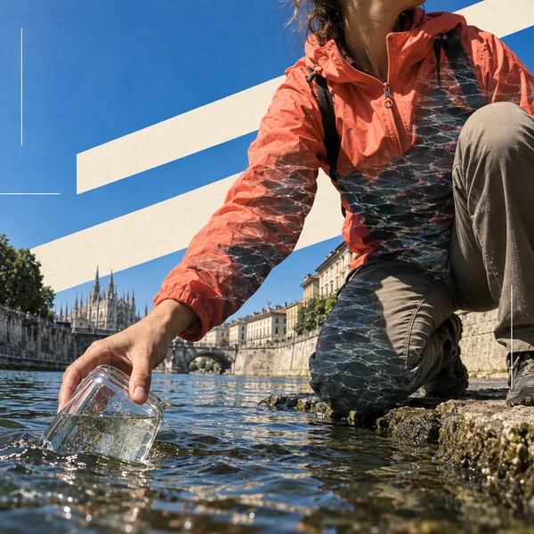 A crouching adult in a coral windbreaker lowers a clear jar into river water beside a stone embankment, with historic buildings, blue sky and cream graphic…