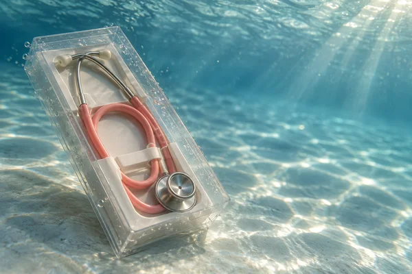 A coral-pink child-sized stethoscope with cream ear tips and a brushed metal chestpiece sits in a clear rectangular package with an ivory insert on a pale blue…