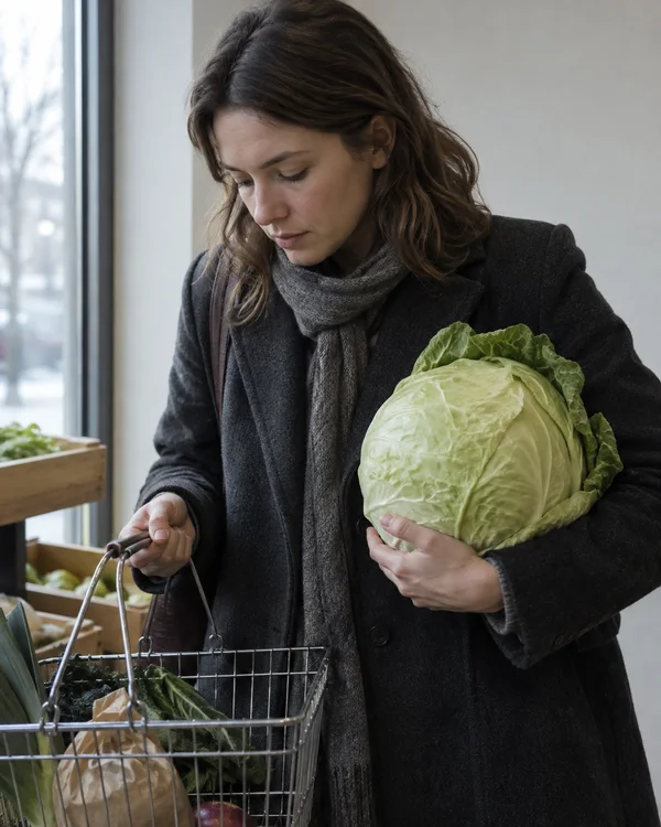 A shopper in a charcoal coat and gray scarf looks down at a wire shopping basket while cradling a large pale-green cabbage inside a grocery shop beside a…