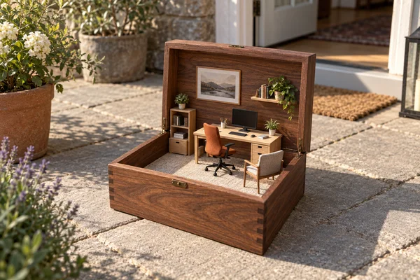 A miniature home office sits inside an open walnut keepsake box on a sunlit stone patio, with a pale desk, dark monitor, rust-colored desk chair, visitor…