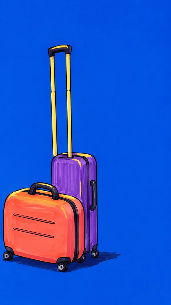 A wide coral suitcase overlaps a taller violet rolling suitcase, with a long yellow telescoping handle, against a solid cobalt-blue background.