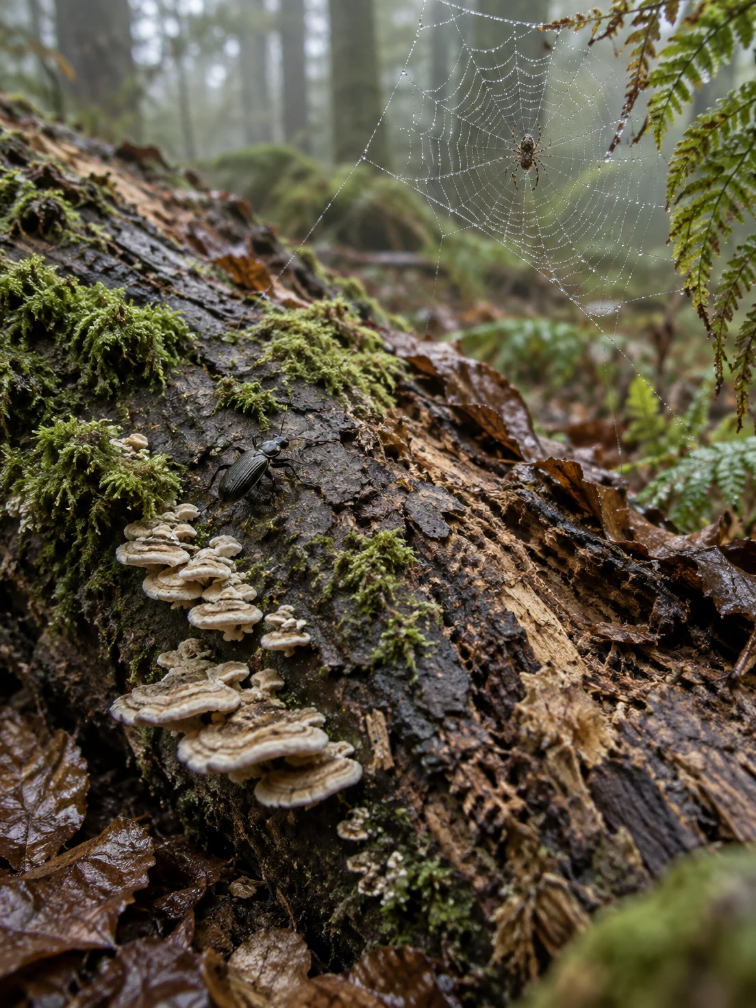A dark beetle crawls across the crumbling bark of a moss-covered fallen log, above a cluster of pale bracket fungi.