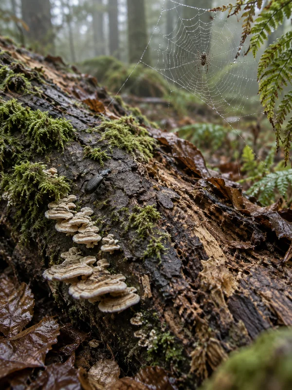 A dark beetle crawls across the crumbling bark of a moss-covered fallen log, above a cluster of pale bracket fungi.