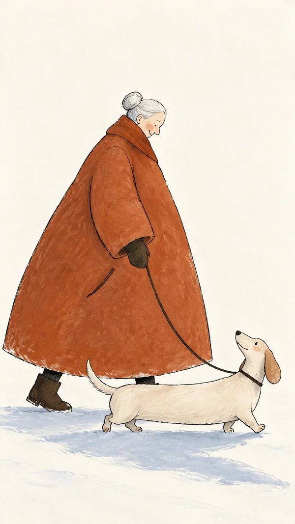 A silver-haired grandmother in an oversized rust coat walks along a snowy path beside a long cream-colored, short-legged dog looking up at her; a curved leash…